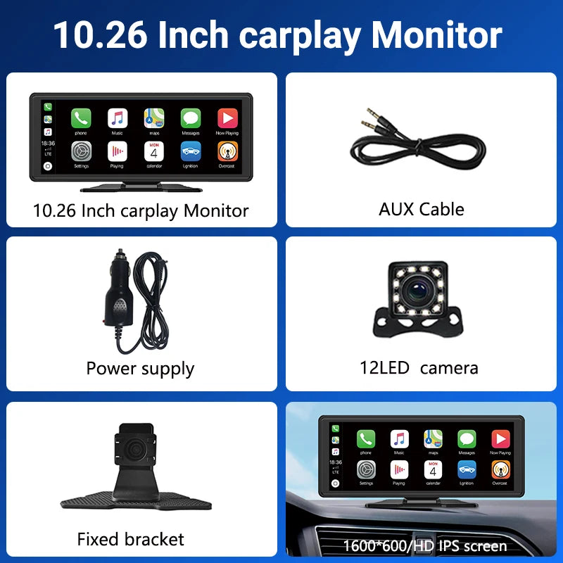 11.26 inch IPS Touch Screen Multimedia Video Player Portable 4K DVR Wireless CarPlay/Android Auto Dual Lens Driving Recorder