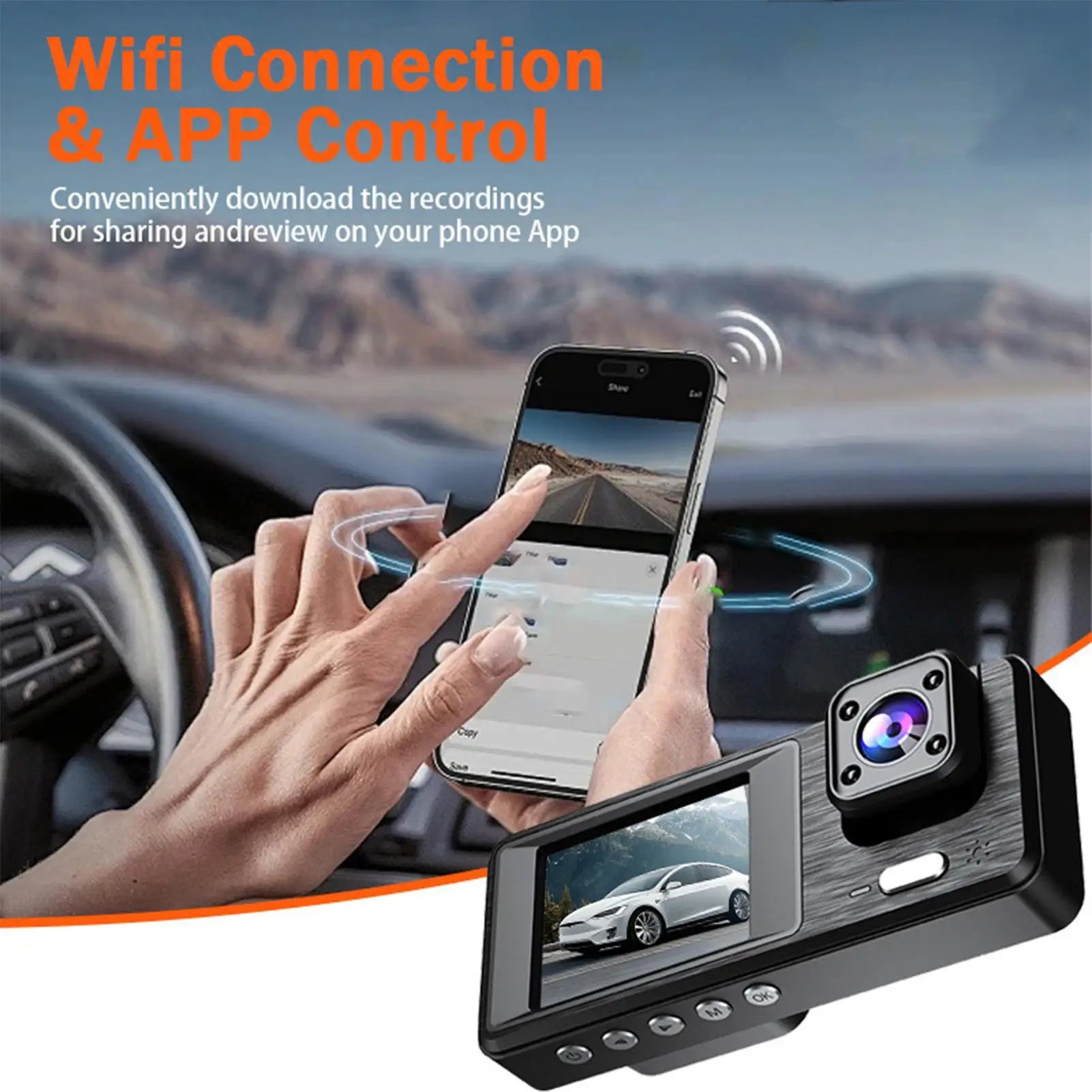 Dashboard Camera 3 Channel Battery Powered Dash Cam 1080P Monitor WIFI Infrared Night Vision Front Rear Reversing Image For