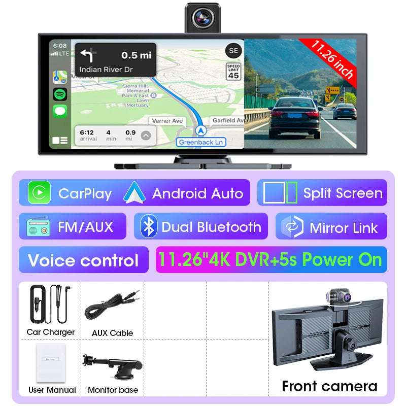 10/11.26 inch 4K Dash Cam Wireless Carplay & Android Auto Car Dvr 360 ° Rotation Dual Lens Video Recorder Dashboard Truck Camera