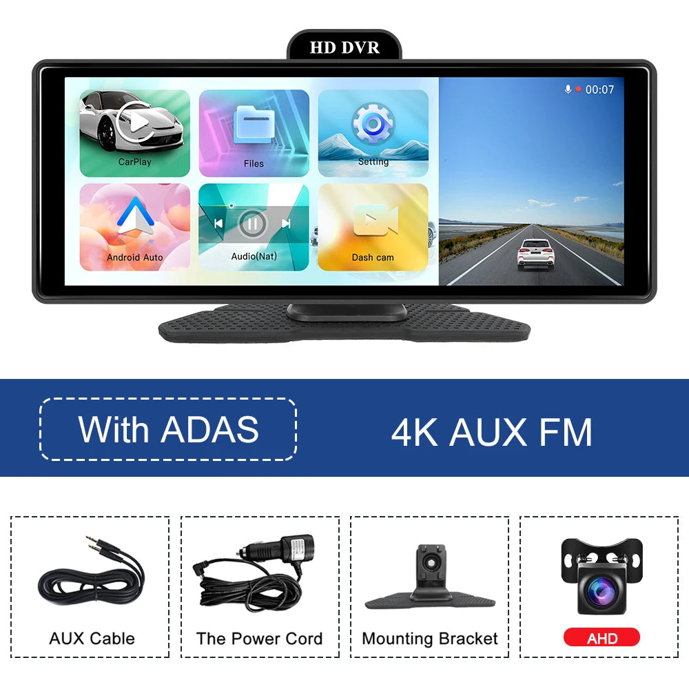 Podofo 10.26" 4K Dash Cam ADAS Wireless Carplay & Android Auto Car DVR Rearview Camera Dashboard Video Recorder GPS Track