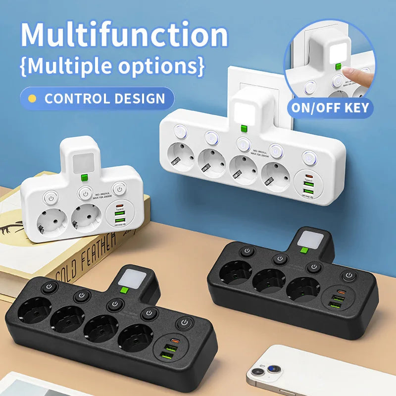 EU Plug Outlet 4 Sockets Multitap Wall Power Strip Electrical Socket 2 USB 1 Type-C Ports No Extension Cord with 2500W MAX Power