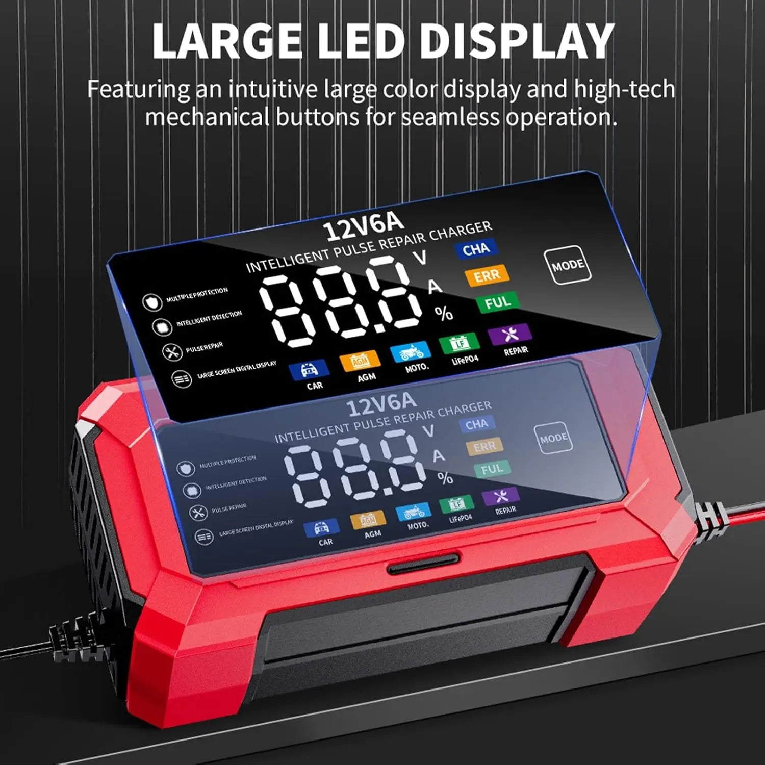 Large Screen Car Battery Charge 12V 6A Battery Charger Smart Fast Charging for Car Batteries  For Car Motor AGM GEL WET etc.