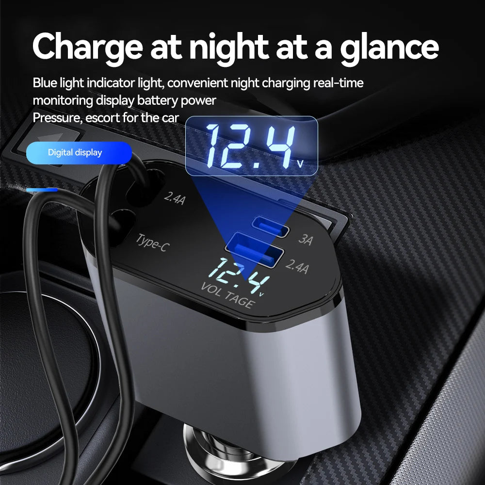 Retractable Car Charger 4 in 1 Fast Charging Car Charger 120W Dual Type-C Retractable Cable and 2 USB Ports Car Charger Adapter