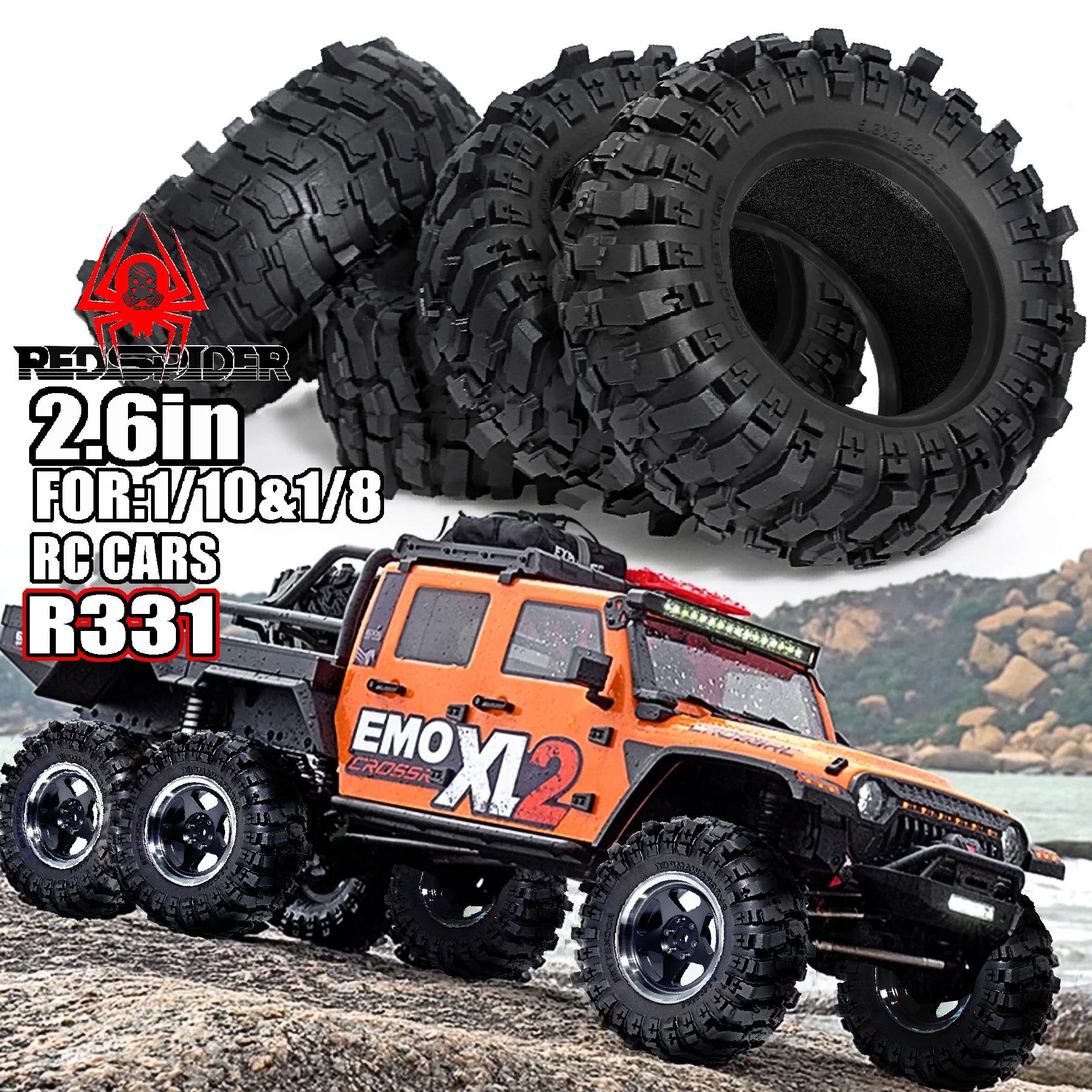 2.6in Crawler Tires 132x58mm Rubber Tyres Gift Foam for 1/7 1/8 1/10 RC Car Ralaro Ryft Yikong Axial TRAXXAS SCX10 Yeti Capra