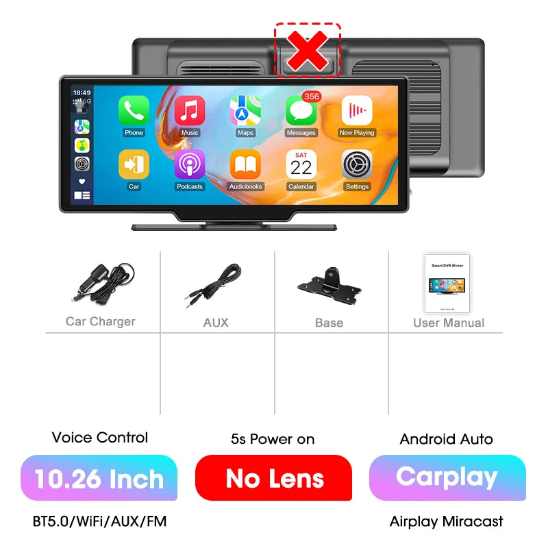 10.26'' 4K Dash Cam Car DVR Android Auto Carplay Display Screen Smart Car System Video Recorder Monitor With Rear Camera 5G WIFI