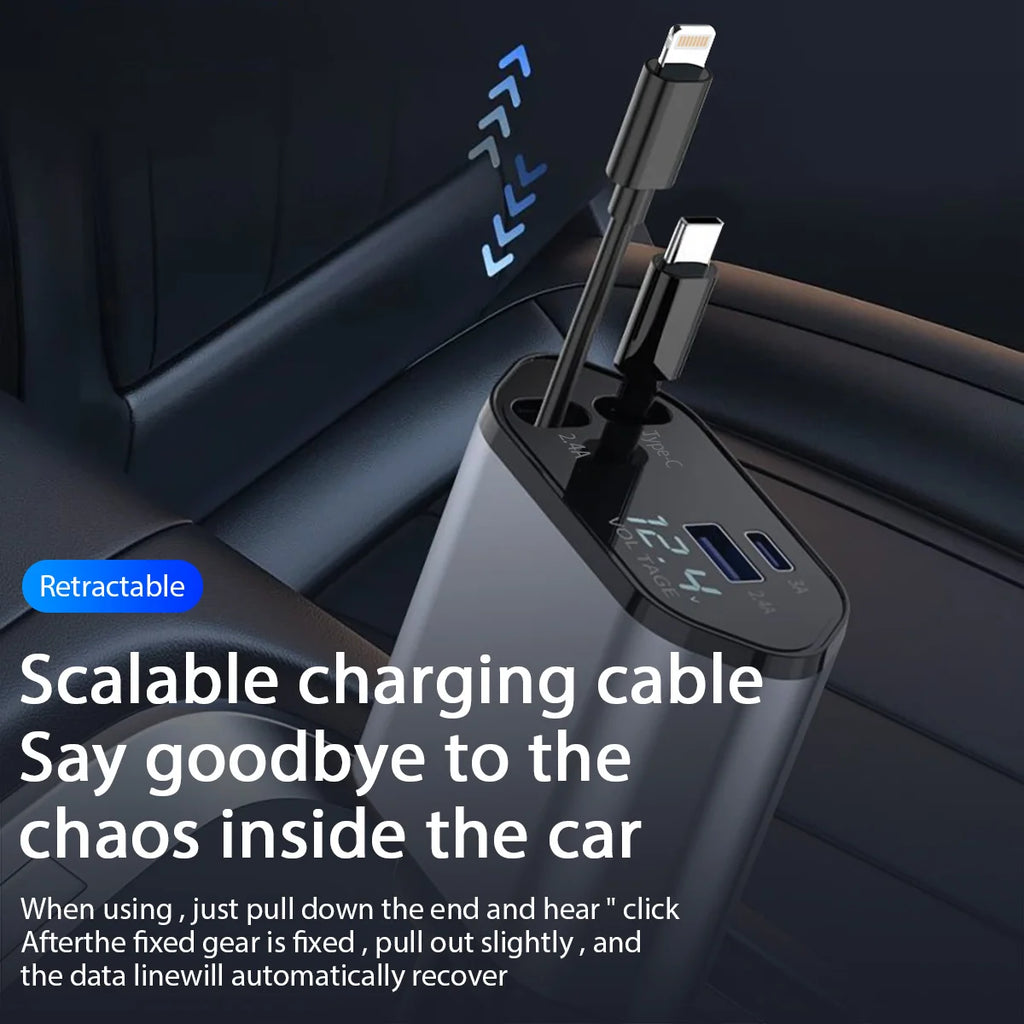 Retractable Car Charger, 4 in 1 Fast Charging Car Charger 120W, Retractable Cable and 2 USB Ports Car Charger Adapter Compatible