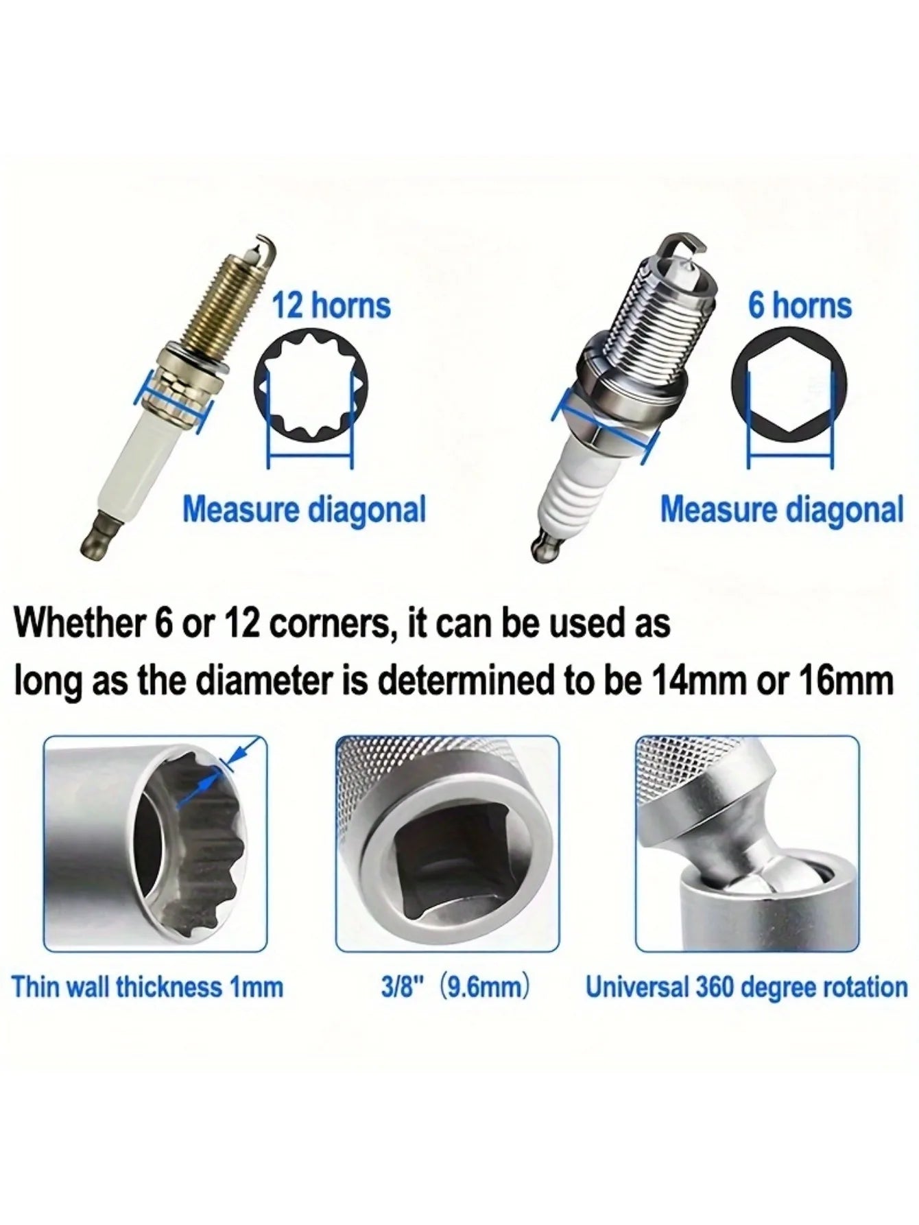 Spark plug socket wrench adapter 14mm 16mm universal joint with magnetic flexible thin-walled 3/8 "drive car maintenance tool
