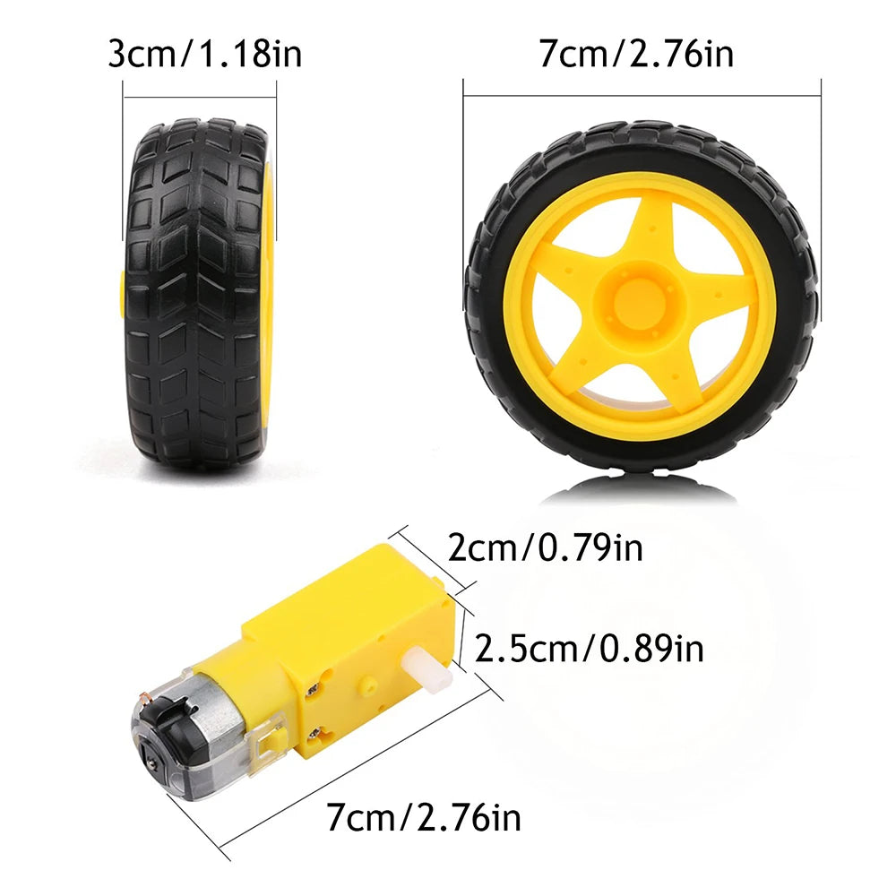 4Pcs DC Electric Motor 3-6V Dual Shaft Geared TT DC Motor Magnetic Gearbox Engine with 4Pcs Smart RC Car Robot Tire Whee