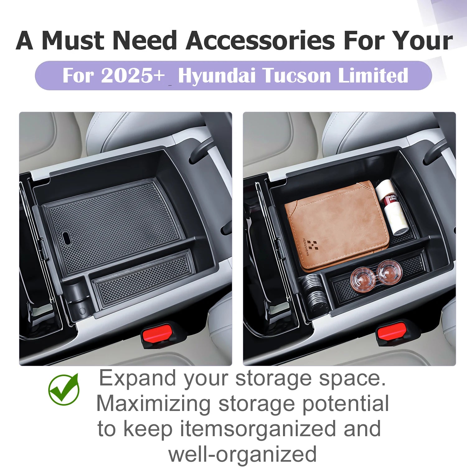For 2025 Hyundai Tucson Center Console Organizer Tray Armrest Box Storage Interior Car Center Console Box Secondary Accessories