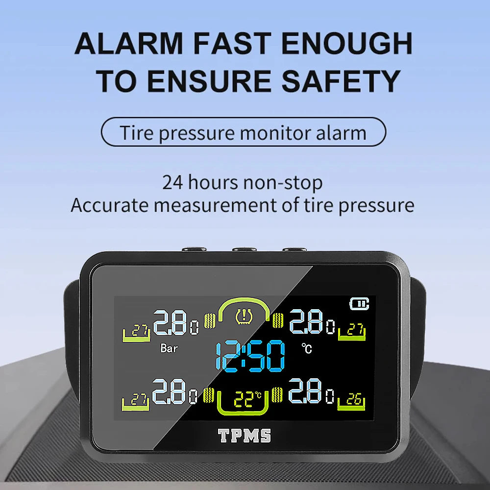 T14-1 Car Tyre Pressure Monitor With 4 External Sensors Tire Pressure Monitoring System Solar TPMS Temperature Warning Fuel Save