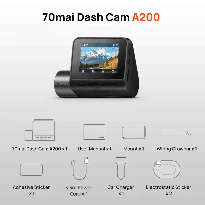 Global 70mai Dash Cam A200 Dual-channel Record 1080P HDR 2'' IPS Screen 24H Parking Monitor Car DVR 70mai A200 WIFI APP 130° FOV