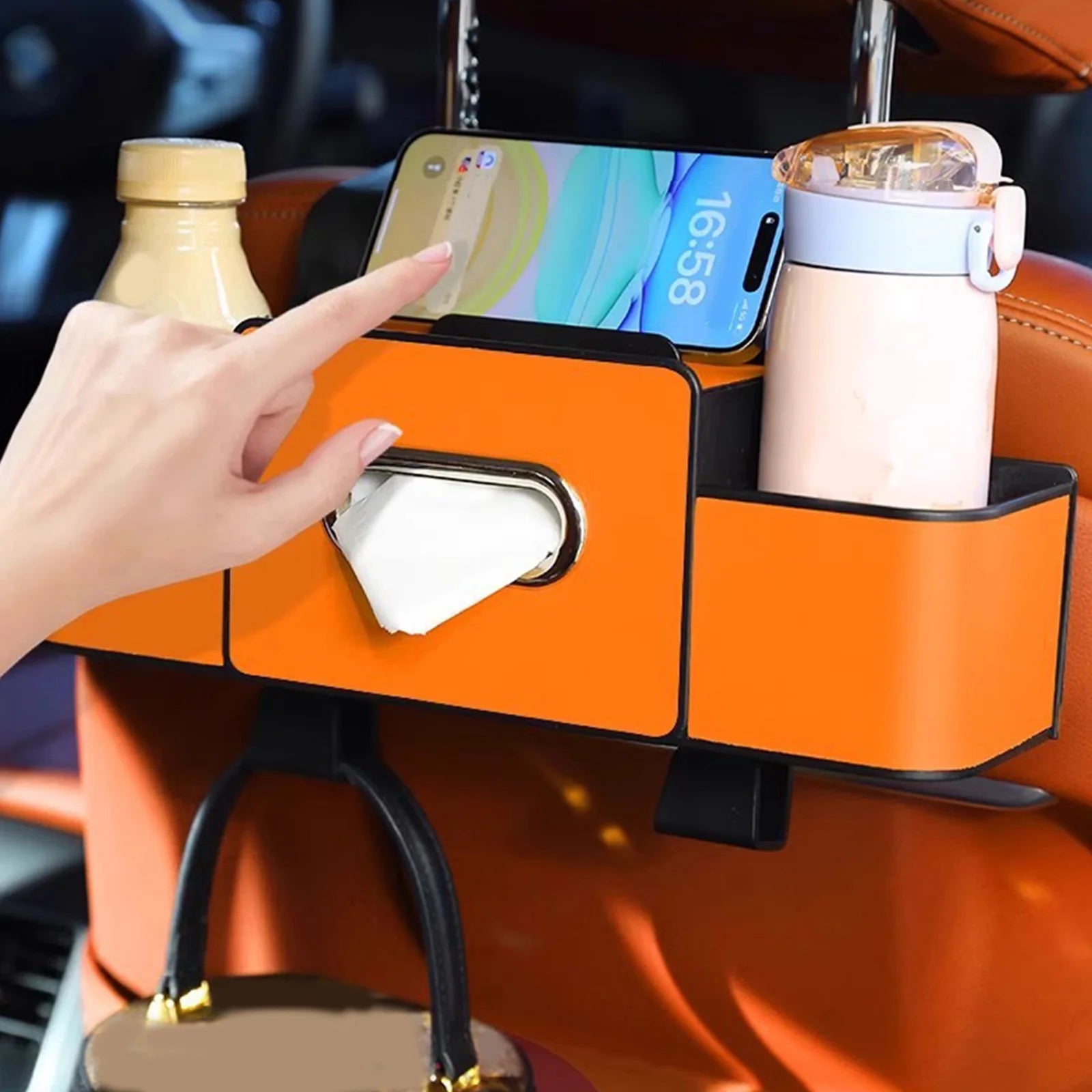 Multifunctional Car Organizer with Cup Holder Tissue Box and Hooks Vehicle Seat Back Hanging Storage Box Travel Accessories
