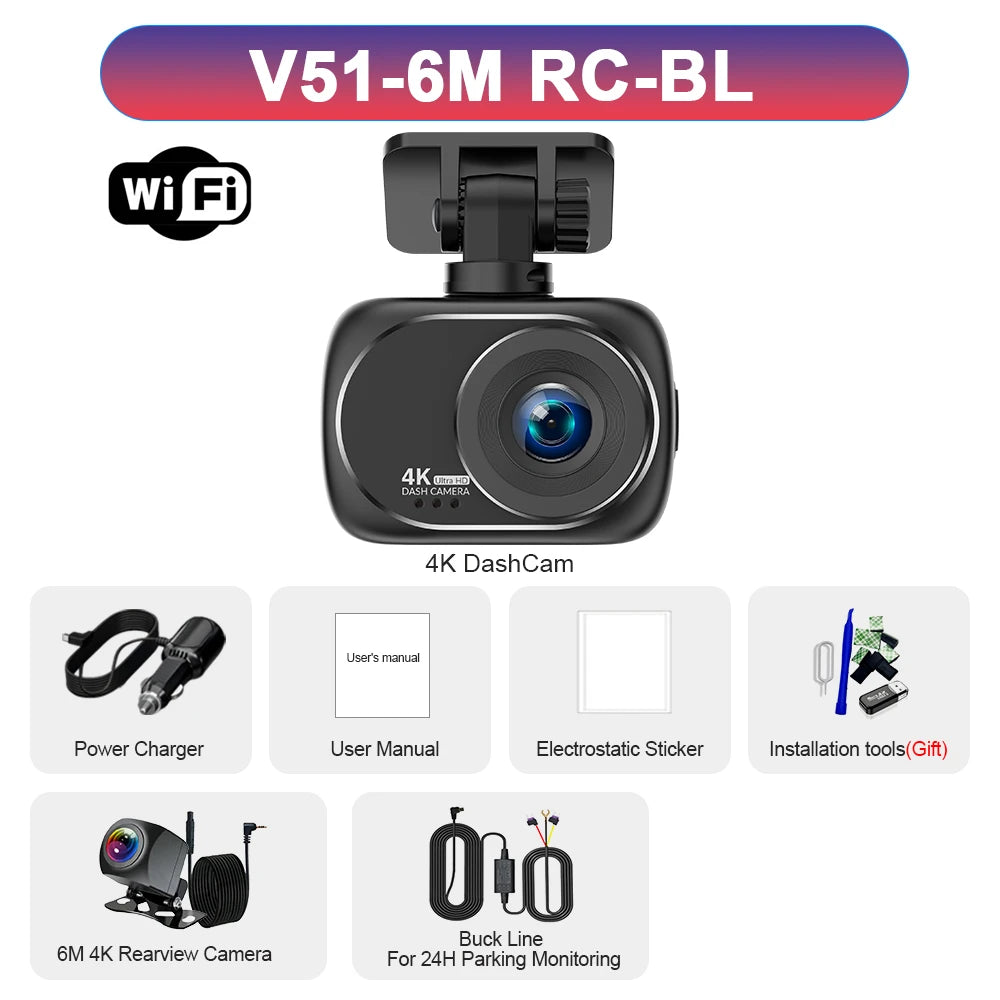 Dash Cam 4K UHD Recording Car Camera DVR Night Vision Video Recorder GPS Wi-Fi Support Dual Lens 4K Rear View Camera