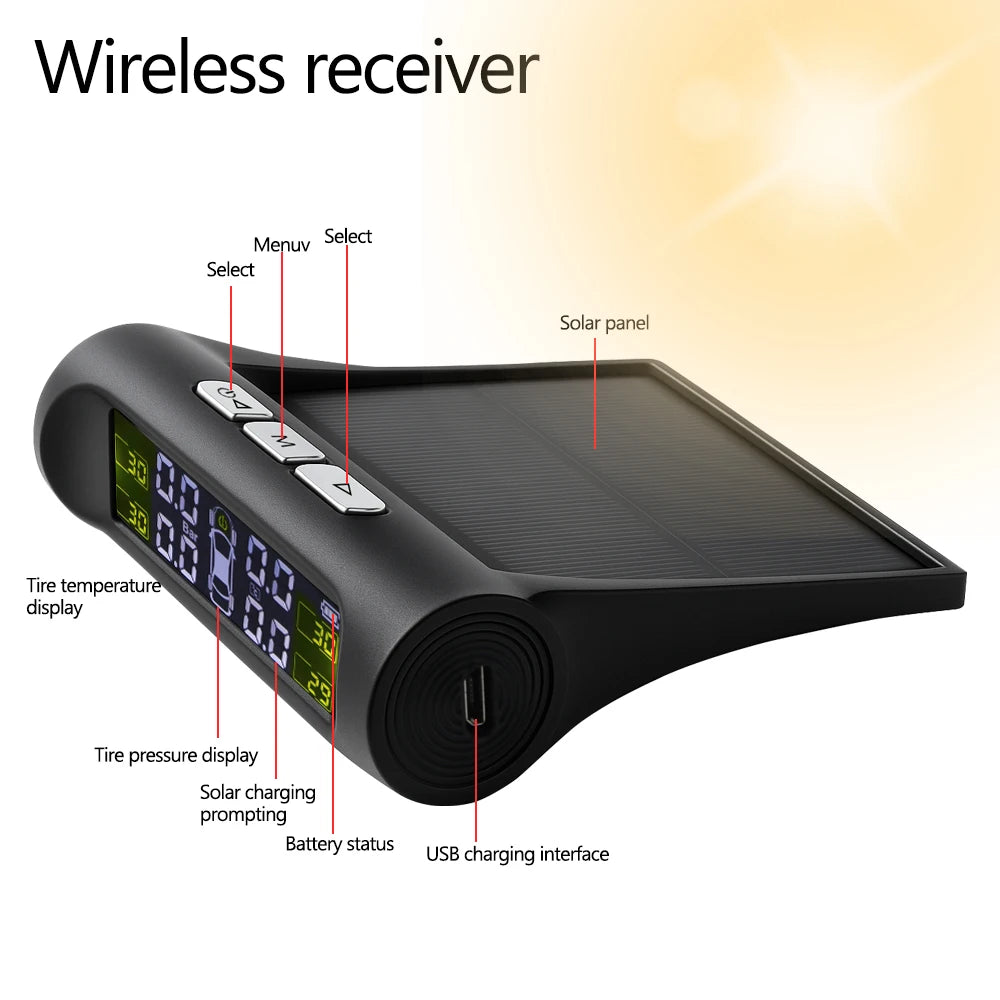 Digital LCD Display Universal Smart Car TPMS Tyre Pressure Monitoring System Auto Security Alarm Solar Charging