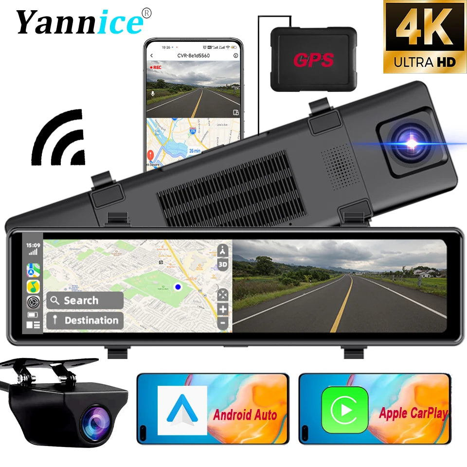 4K Dash Cam Car DVR with 5G WiFi BT FM AUX GPS Optional 1080P Rear View Camera Car Camera Recorder for Android Carplay Driving
