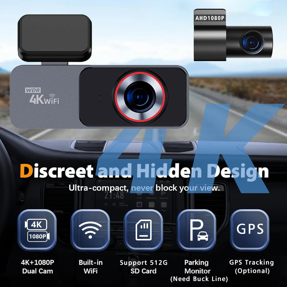 Dash Cam 4K 3840*2160P Car DVR WIFI GPS Mini Dual Lens Camera Front and Rear Dashcam Black Box Video Drive Recorder Night Vision
