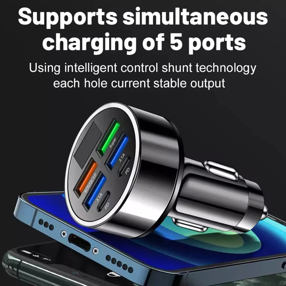 Super Fast 4-Port Car Charger 100W  for Mobile Phone High-Speed Vehicle Charging Station with Multiple Devices Charging Capacity