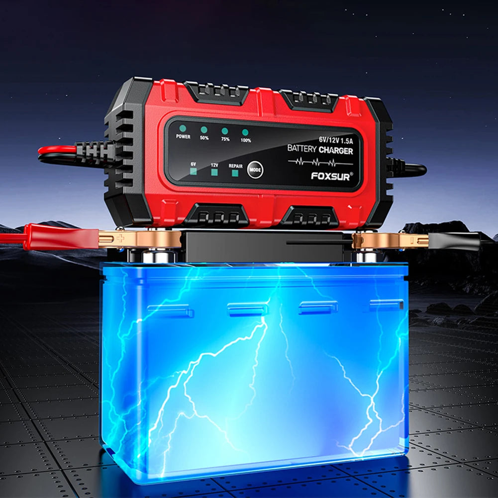 6V/12V 1.5A Car Battery Charger Smart Charger Car and Motorcycle Battery Charging Unit for Lead-Acid AGM GEL Batteries