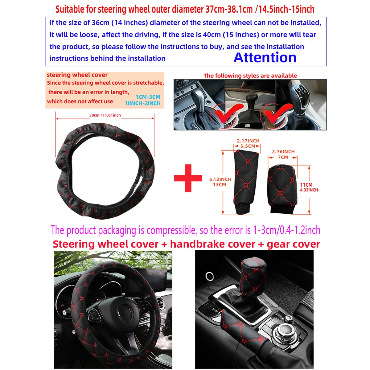 3PCS PU Leather Car Interior Accessories Star Embroidered Steering Wheel Handbrake & Gearshift Cover Set