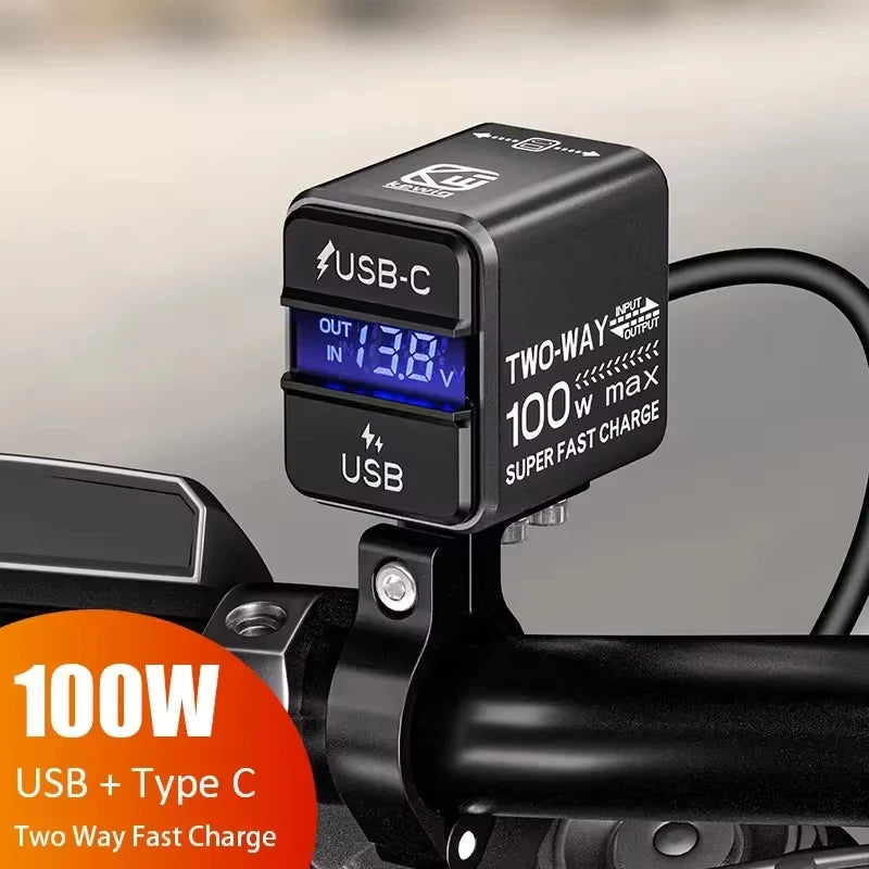 Motorcycle USB Charger 100W Fast Two-Way Charging Dual PD Type C & QC 3.0 Motorcycle Charger with Voltmeter Waterproof