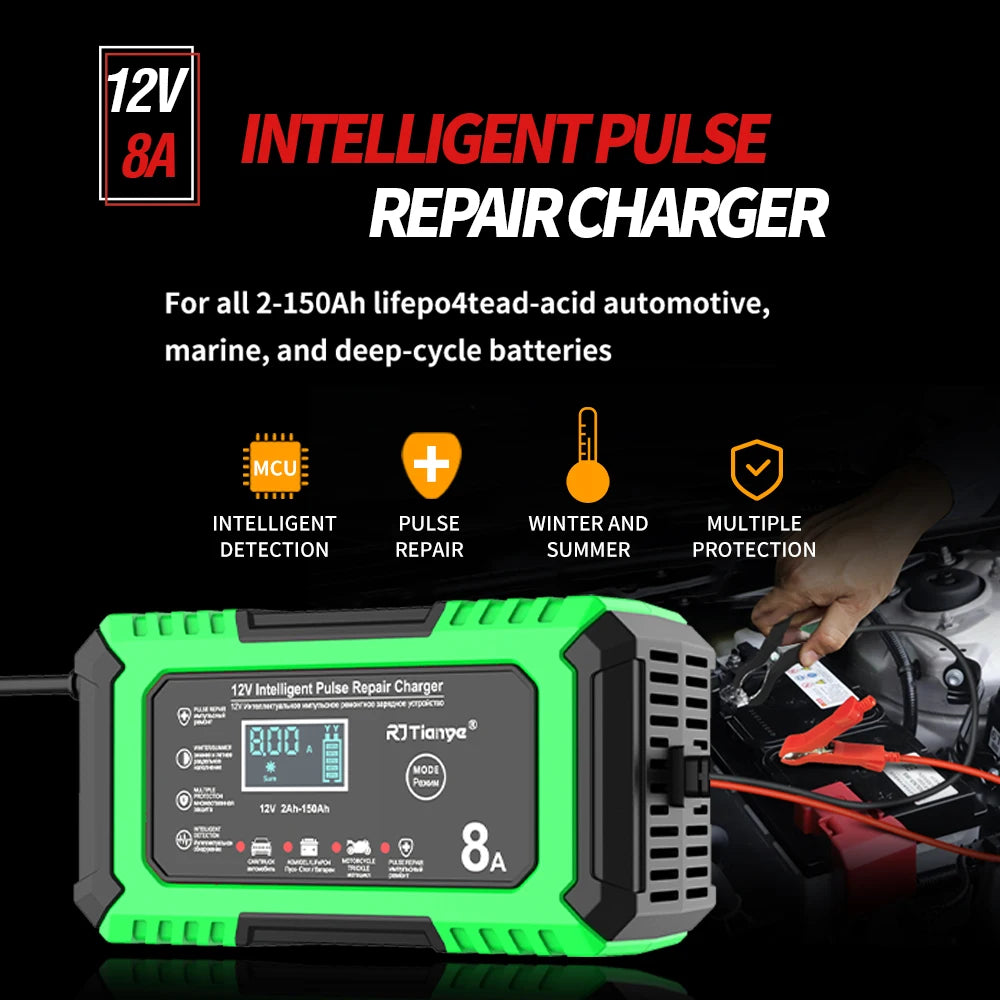 AU plug Car Battery Charger 12V 8A  Car and Motorcycle Battery Charging Device  Lead-acid Battery Smart Repair LCD Display