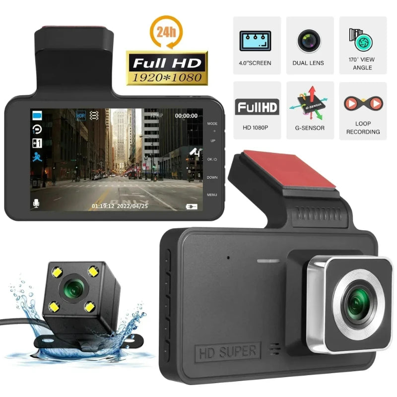 Dash Cam Front Rear View Camera Video Recorder Dual Lens Car DVR Cycle Recording Night Vision G Sensor 1080P Dashcam 4 Inch