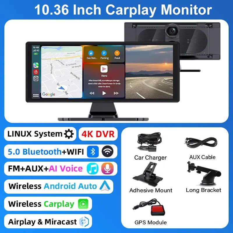 Universal DashCam 10.33" Car Intelligent 4K Car DVR Dash Cam Wireless CarPlay & Android Auto MP5 Bluetooth WIFI Rear Reversing