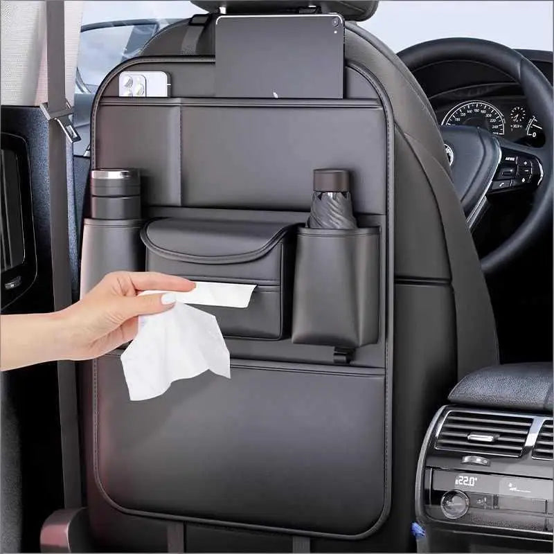 Backseat Car Organizer Leather Back of Seat Car Organizers for Drivers with Large Capacity 6 Storage Pockets Waterproof Kick Mat