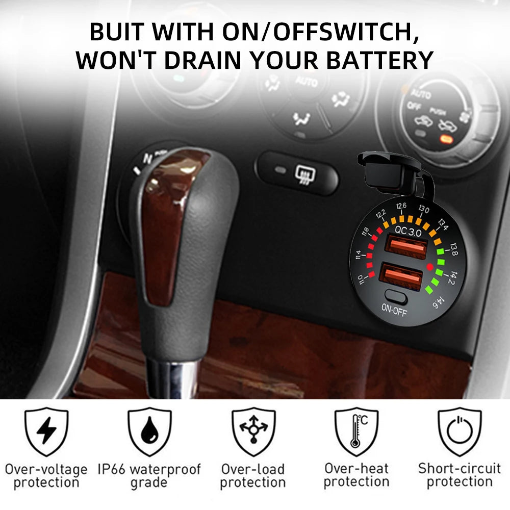 Car Charger with LED  36W Dual USB QC 3.0  12/24V Waterproof USB PD Outlet Fast Charge For Car Motorcycle