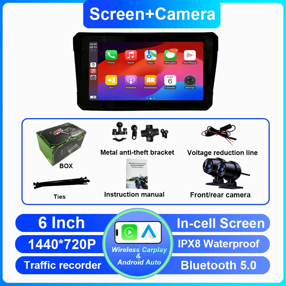 6 Inch Portable Carplay Motorcycle DVR Multimedia Player GPS Navigation Wireless Android Auto Waterproof Screen In-cell screen