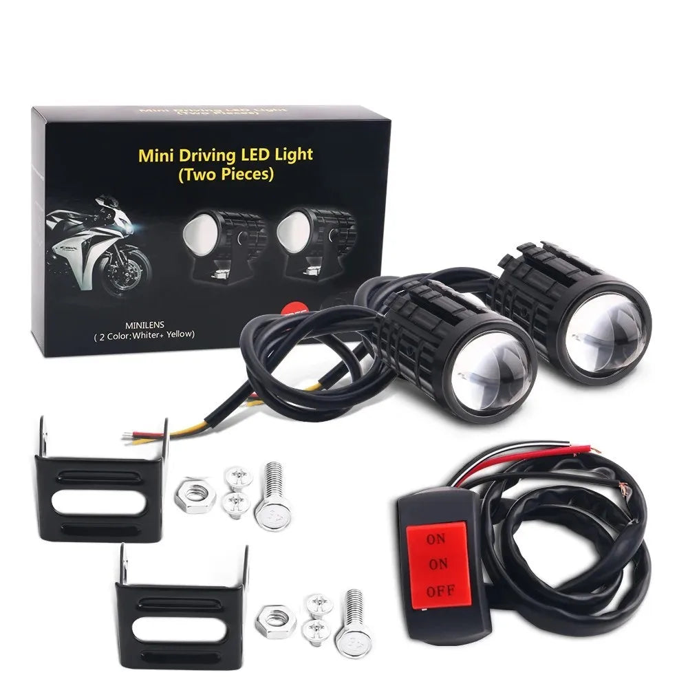 Universal Motorcycle LED Headlight Projector Lens Dual Color ATV Scooter Driving Lamp Fog Light Auxiliary Spotlight Lamp