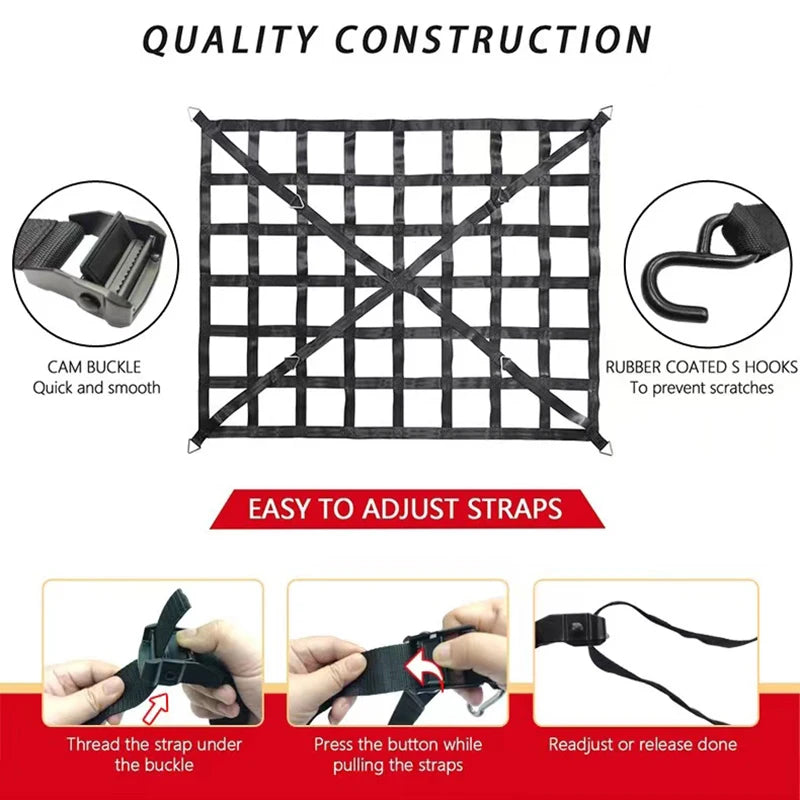 Car Trunk Rooftop Net Mesh Cargo Net Heavy Cargo Net Truck Trailer Dumpster Extend Mesh Covers Luggage Nets With 4 Fixed Belt