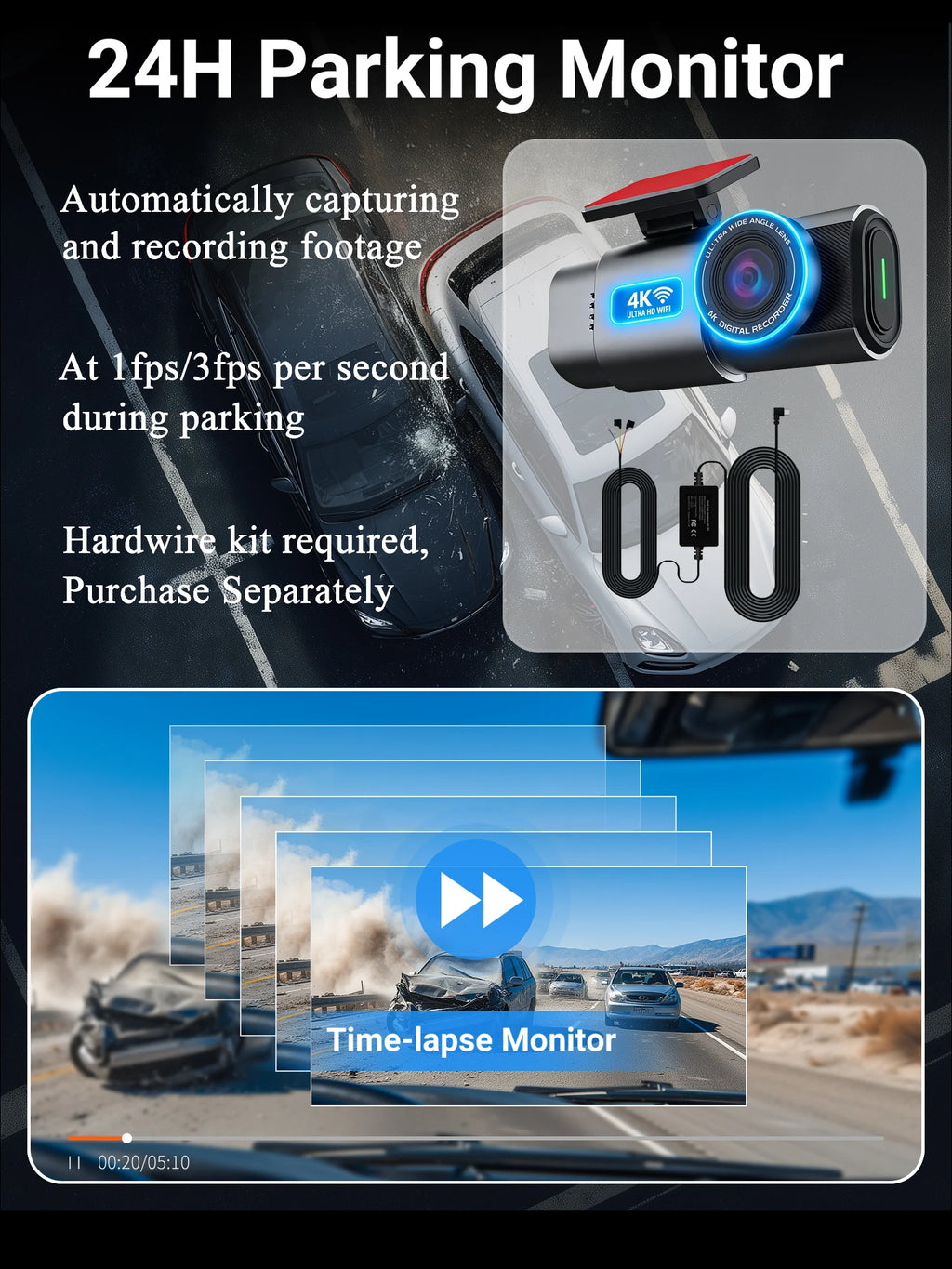 Dash Cam 4K UHD Recording Car Camera DVR HDR Night Vision Video Recorder Built-In Wi-Fi Support GPS 24H Parking APP Monitor