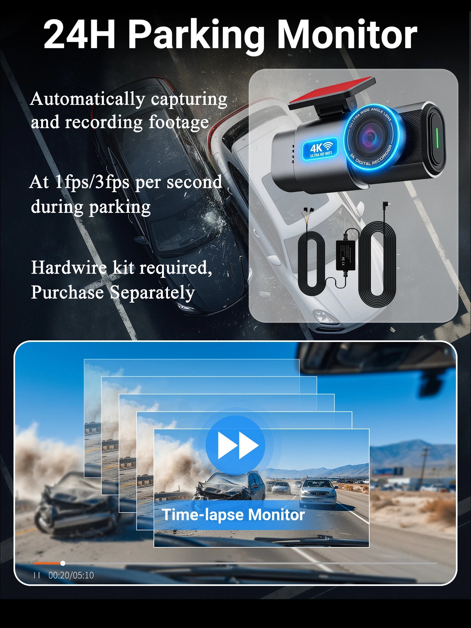 Dash Cam 4K UHD Recording Car Camera DVR HDR Night Vision Video Recorder Built-In Wi-Fi Support GPS 24H Parking APP Monitor