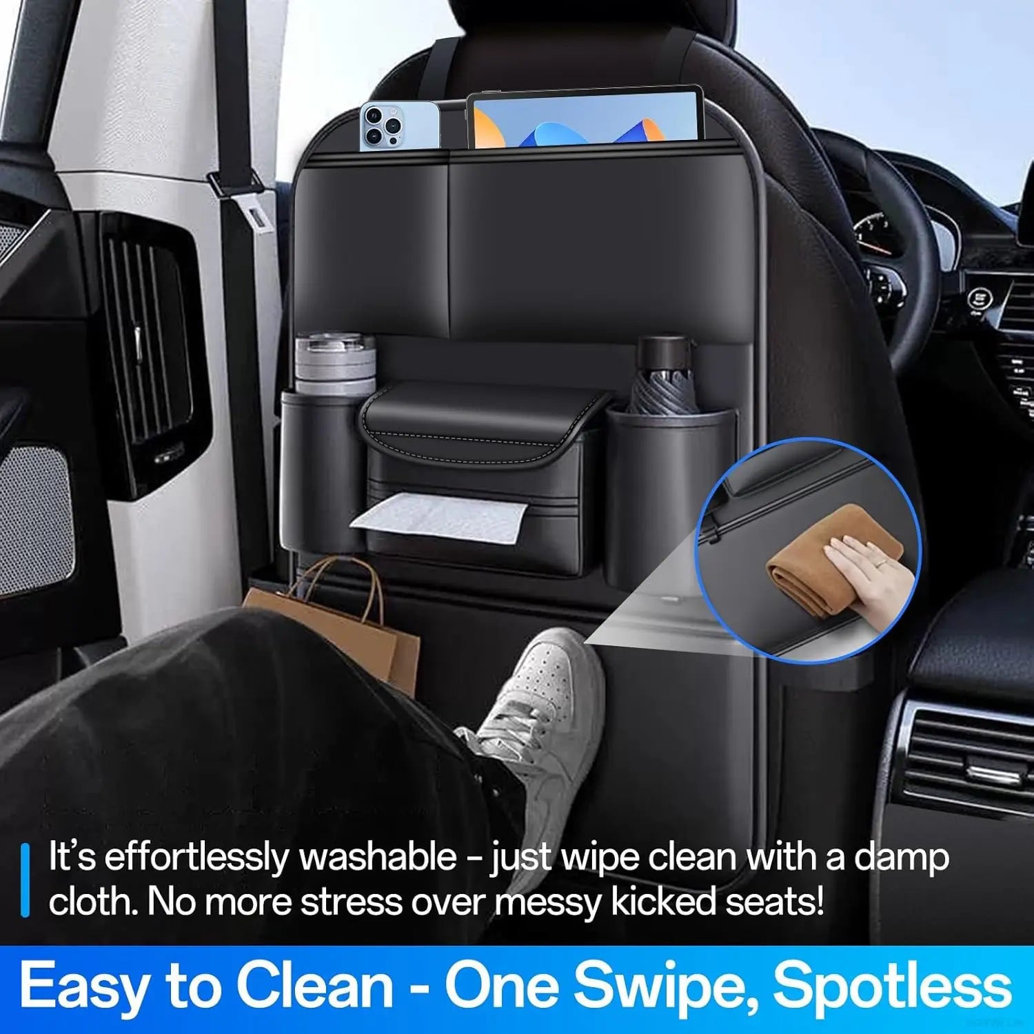 Backseat Car Organizer Leather Back of Seat Car Organizers for Drivers with Large Capacity 6 Storage Pockets Waterproof Kick Mat