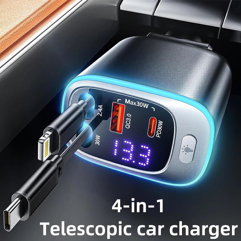 Scalable car charger 4in1 fast charging car charger with 72W retractable cable and PD30W USB port compatible with Type-C adapter