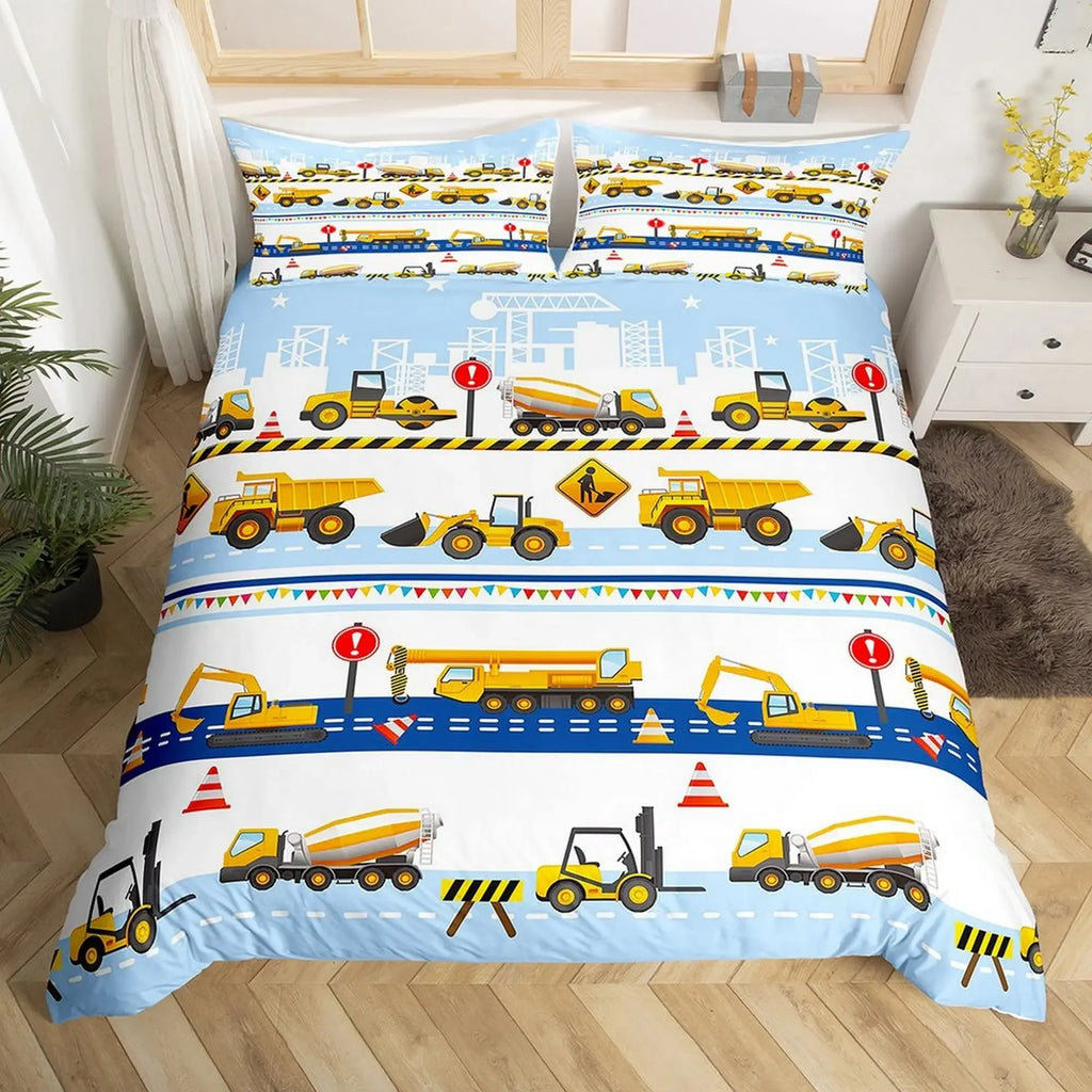 Construction Vehicles Boys Excavator Duvet Cover Yellow Tractor Truck Bedding Set for Teens Child Old Retro Car Theme Room Decor