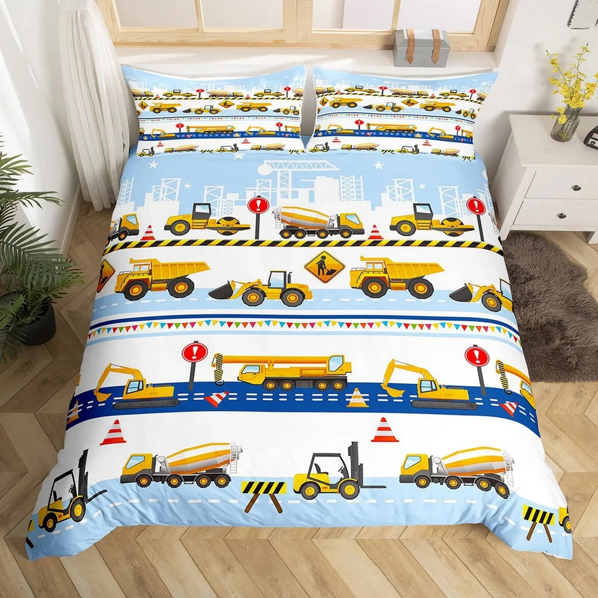 Construction Vehicles Boys Excavator Duvet Cover Yellow Tractor Truck Bedding Set for Teens Child Old Retro Car Theme Room Decor