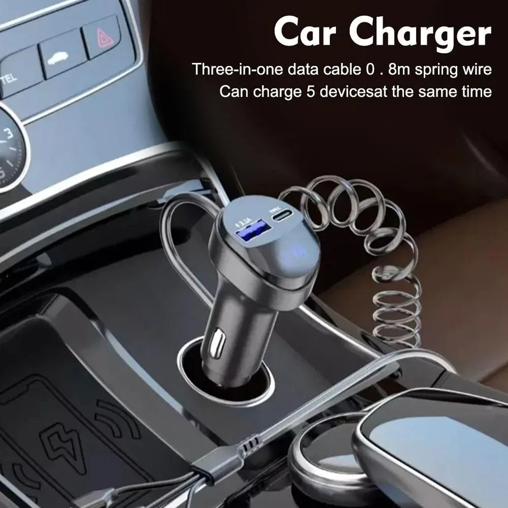 Car Adapter Charger Fast Charging 55W Multi-function 2 Ports Three In One USB Retractable Charging Cable with Voltage Display