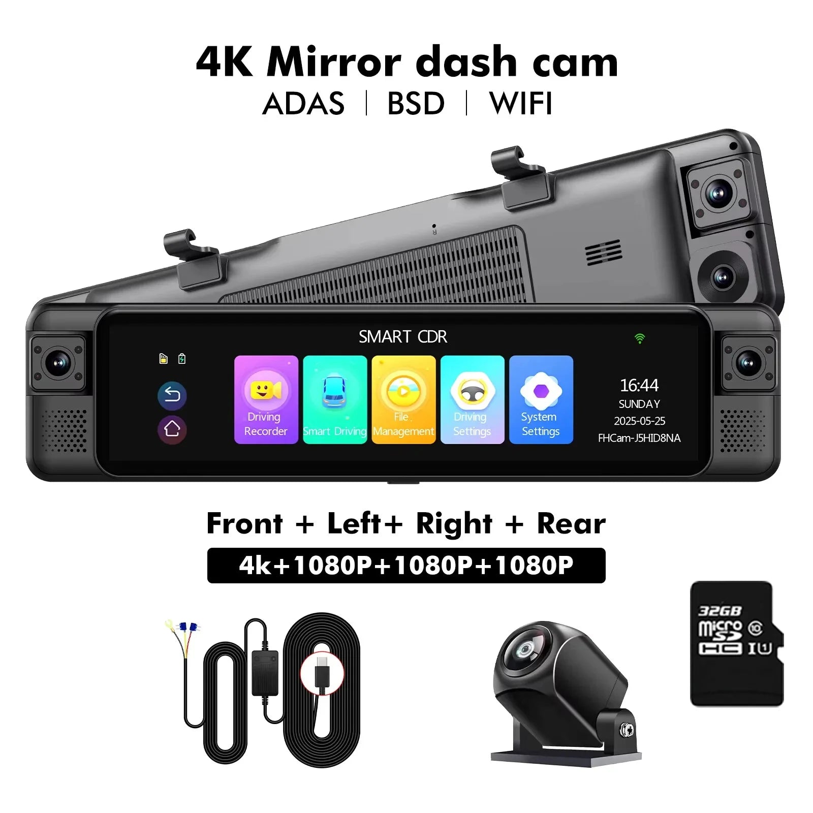 4CH Dash Cam 11" 4K+1K+1K+1K WIFI Rear View Mirror 4 Cameras Video recorder Car DVR ADAS BSD Night Vision 24H Parking Monitor
