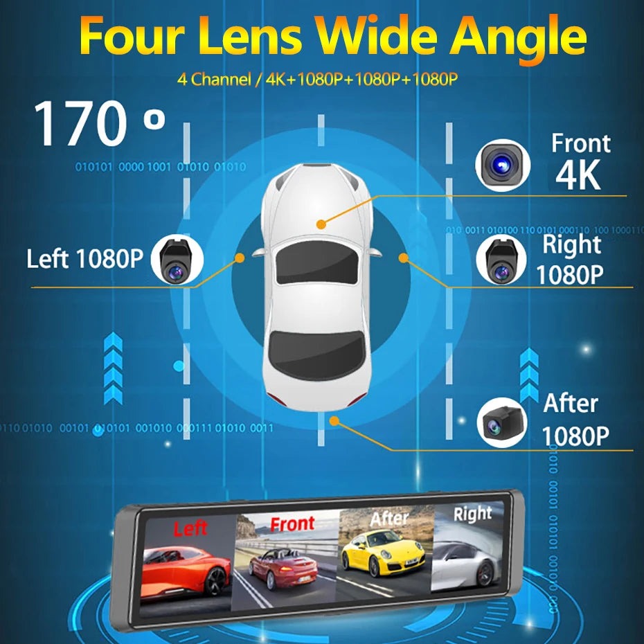 4K Dash Cam 4-Channel Record 1080P ADAS BSD Car DVR WIFI APP Rear View Mirror Auto Video Recorder Camera Ultra HD 24H Parking