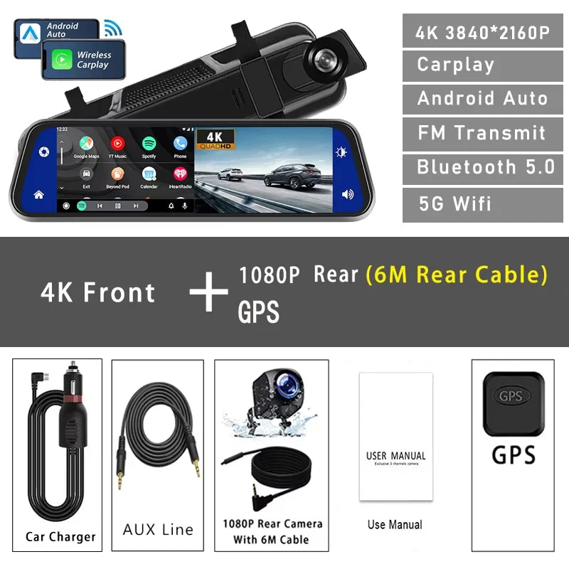 10" Dash Cam 4K 3840*2160P Car Dvr Carplay Android Auto GPS 5G WIFI AUX Stream RearView Mirror Dashcam Camera Drive Recorder FM