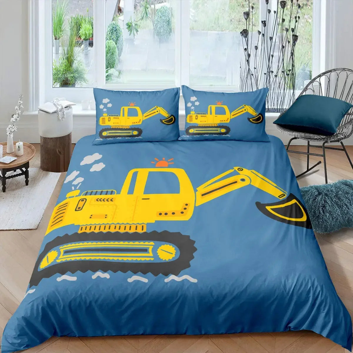 Construction Vehicles Boys Excavator Duvet Cover Yellow Tractor Truck Bedding Set for Teens Child Old Retro Car Theme Room Decor